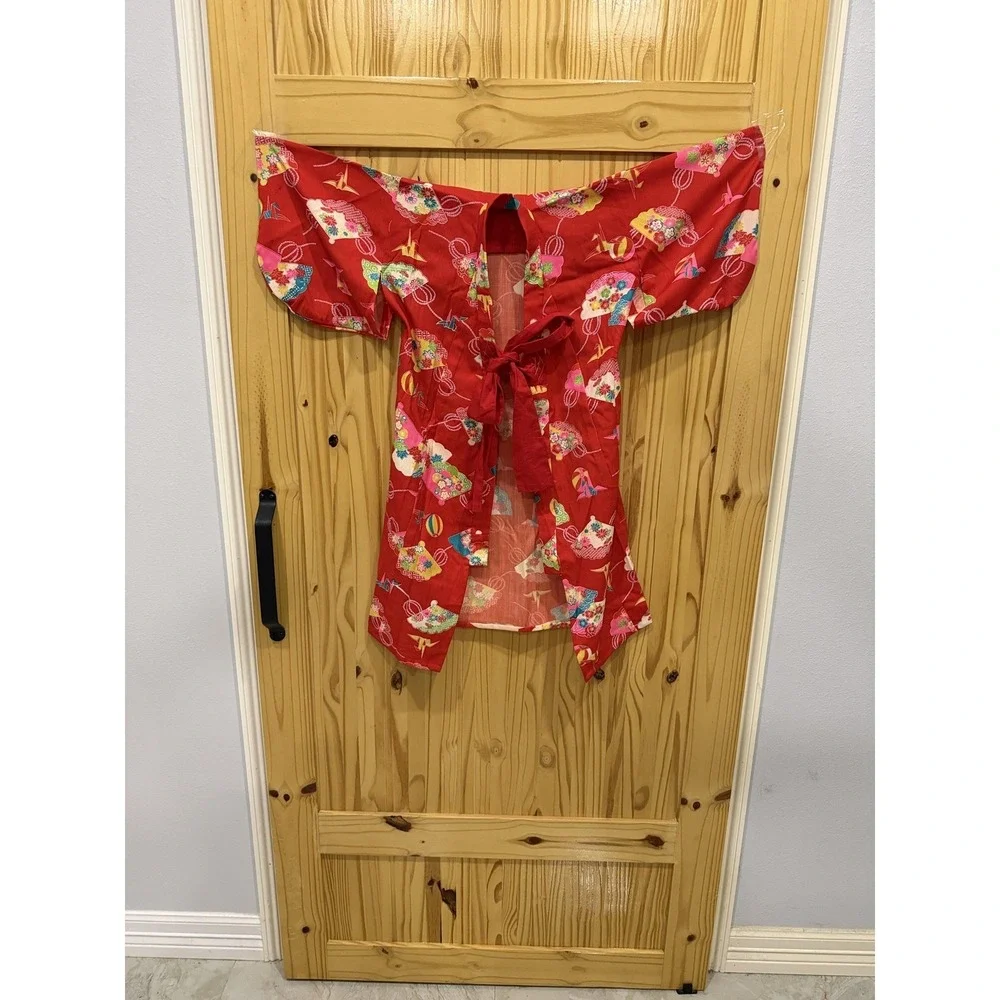 Kimono Kaftan Dress Girls 3-4 Years Red Floral V Neck Short Sleeve Japanese‎